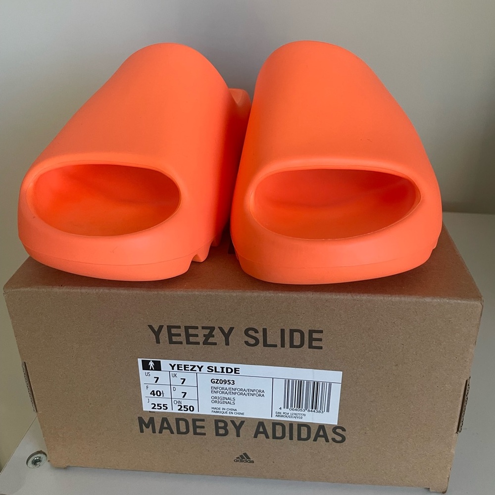 Authentic Enflame Orange Yeezy Slides - Size 7 M, 8.5 W